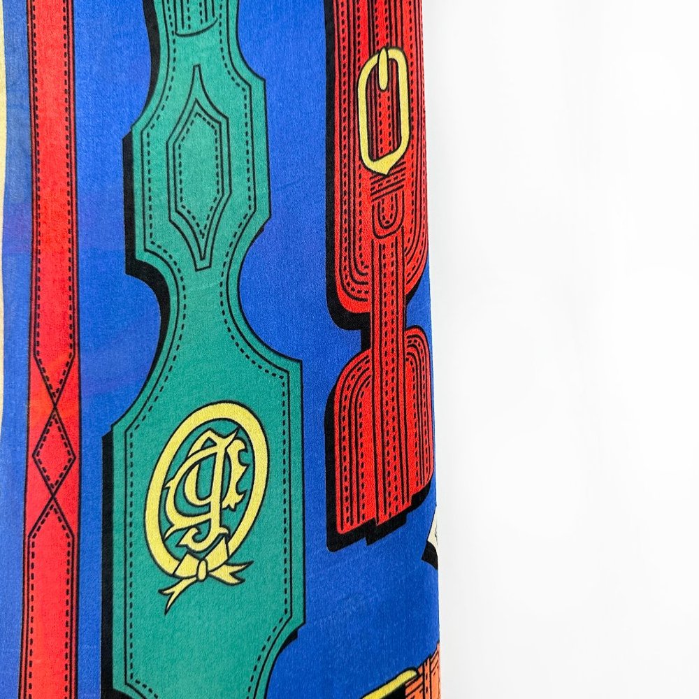 Vintage Multicolor Blue Cream Hermes Style Printed Oversized Silky Wrap Scarf - Picture 3 of 4